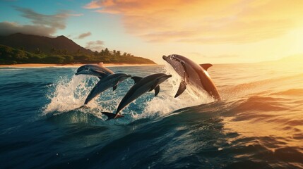 Playful dolphins jumping over breaking waves. Hawaii Pacific Ocean wildlife scenery.  - obrazy, fototapety, plakaty