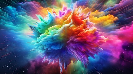 Rainbow human brain explosion, cognitive overload, creative inspiration, World Mental Health Day, psychology and neurology.