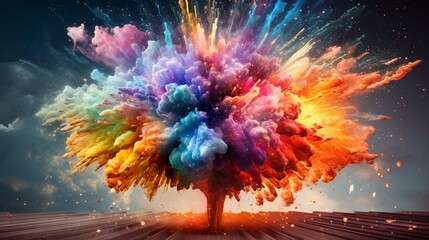 Rainbow human brain explosion, cognitive overload, creative inspiration, World Mental Health Day,...