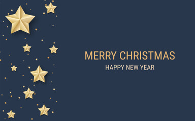 Christmas and New Year luxury vector illustration. Black background with golden stars and snowflakes