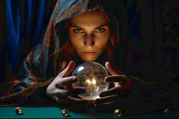Fortune teller holding a crystal ball to tell the future.  - obrazy, fototapety, plakaty