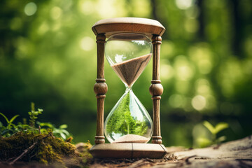 Hour glass running in nature.  Time is running short environmental concept. 