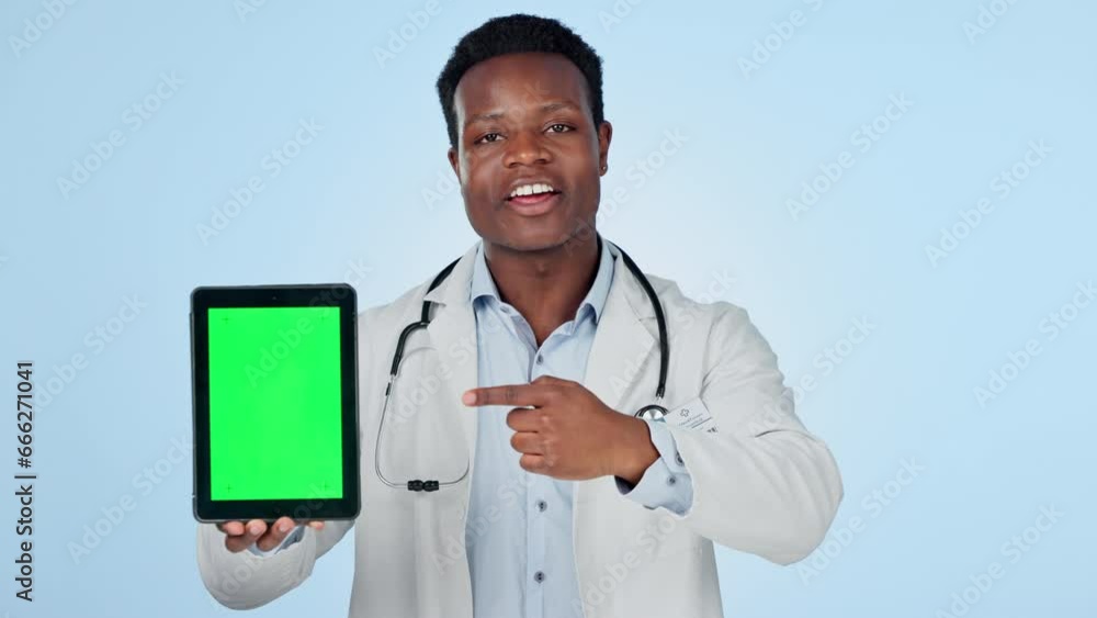 Sticker Tablet, green screen and man doctor in a studio talking and pointing to mockup space for marketing. Digital technology, chroma key and African healthcare worker explaining isolated by blue background