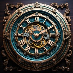 Fototapeta na wymiar A close up of a clock with roman numerals. AI image.
