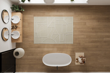 Top view of elegant bathroom with white walls, white basin with oval mirrors, bathtub, shower, plants, and parquet floor. Boho scandinavian bathroom, open plan. 3d Rendering