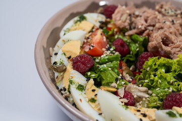 tuna salad with lettuce and eggs in a plate on a white background