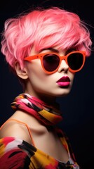 A woman with pink hair wearing sunglasses and a scarf. Vibrant pop art image.