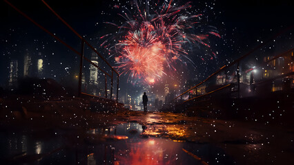 a person standing in front of fireworks in an empty street