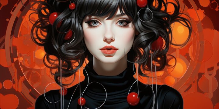 A painting of a woman with a bunch of cherries in her hair. AI image.