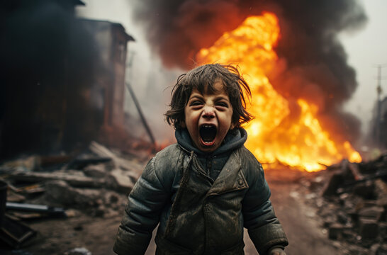 Heartbreaking Image of a Crying Child in a War-Torn City After Bombing