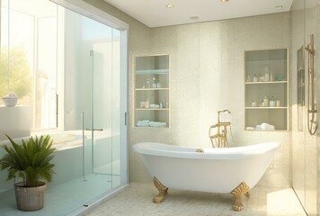Fototapeta na wymiar Sunlit bathroom with a freestanding bathtub, glass shower enclosure, and mosaic tile accents. Luxury spa-inspired bathroom design