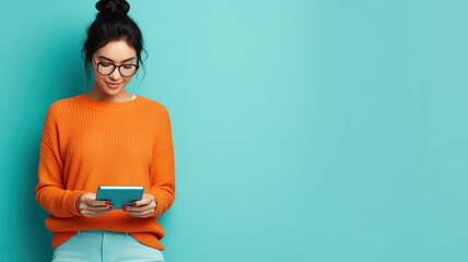 Smiling pretty woman using smartphone, checks bank account or sends message in social networks. girl wears orange clothes over blue background