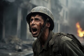 Obraz premium Heartbreaking Image of a Soldier Crying in a War-Torn City Street