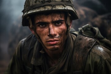 Obraz premium Portrait of a Weary Soldier Covered in Mud, Exhausted from Battle
