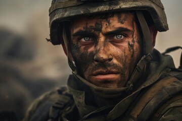 Obraz premium Portrait of a Weary Soldier Covered in Mud, Exhausted from Battle