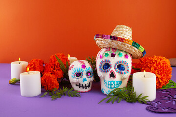 Day of the dead. Dia De Los Muertos celebration background. Sugar Skull, marigolds or cempasuchil...