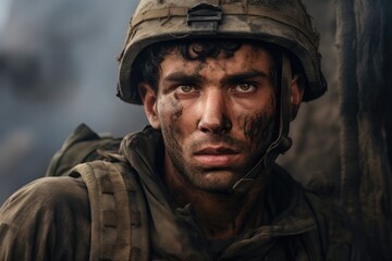 Naklejka premium Portrait of a Weary Soldier Covered in Mud, Exhausted from Battle