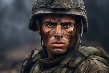 Obraz premium Portrait of a Weary Soldier Covered in Mud, Exhausted from Battle