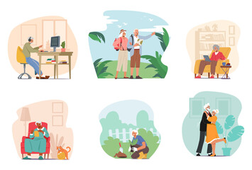 Set Of Elderly Characters Work On Pc, Travel, Use Gadgets, Knit, Dance And Gardening . Senior Men And Women Active Life