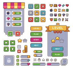Pixel art game UI buttons. Mobile application interface elements. Progress bar, panel and indicators. Isolated video gaming menu kit. Vector retro style set © Anastasia