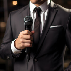 Close up of a man wearing a business suit holding a microphone 