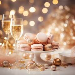 Fototapeta na wymiar Pink and gold colored luxury elegantly macarons at New Year's Eve with cozy blur background