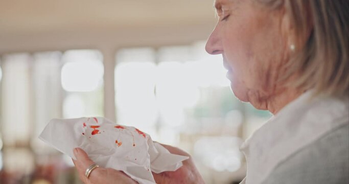 Blood, tissue and nose with senior woman, sick and virus with disease, inflammation and pain. Old person, mature lady and pensioner with toilet paper, bleeding and tuberculosis with illness and home