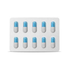 Vector Realistic Pharmaceutical Medical White and Blue Pills, Vitamins, Capsule in Blister Closeup Isolated. Pills in Blister Packaging Design Template. Front View. Medicine, Health Concept