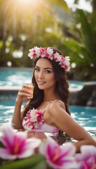 Fototapeta premium Beautiful woman touching happiness in nature, spa style concept.