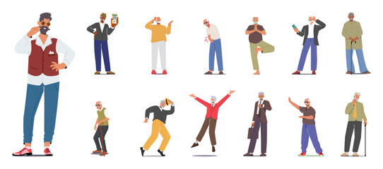 Fototapeta na wymiar Set Of Elderly Male Characters. Old Men Wear Fashionable Clothes, Doing Yoga, Use Smartphones, Dancing, Jumping