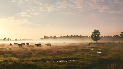 Panorama of grazing cows in a meadow with grass covered with dewdrops and morning fog, and in the background the sunrise in a small haze. Created with