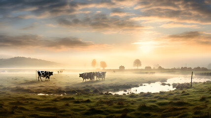Panorama of grazing cows in a meadow with grass covered with dewdrops and morning fog, and in the background the sunrise in a small haze. Created with