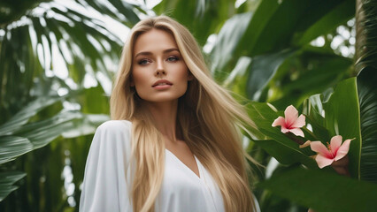 Beautiful woman touching happiness in nature, spa style concept.