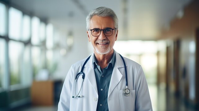 Happy bearded Experienced senior male doctor looking to the camera.Smiling professional older man doctor wears white coat, glasses and stethoscop at the hospital