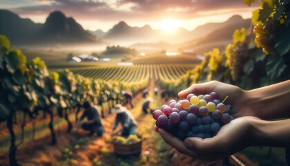 Workers harvesting grapes in a vineyard.
