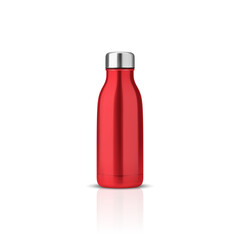 Vector Realistic 3d Red Blank Glossy Metal Reusable Water Bottle with Silver Bung Closeup Isolated on White Background. Design template of Packaging Mockup. Front View