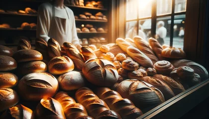 Rolgordijnen Freshly baked bread and pastries displayed in a bakery's window. © OKAN
