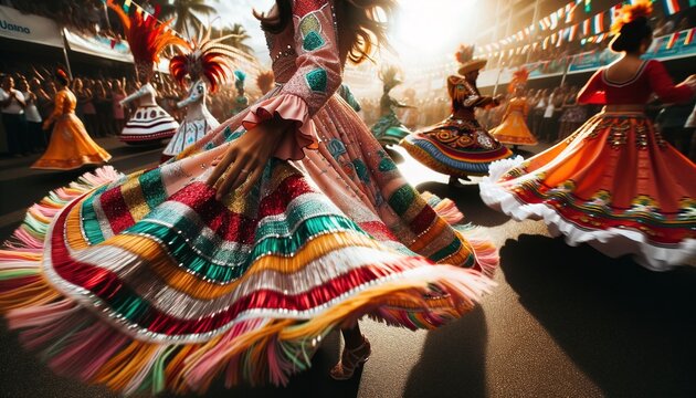Dancers in vibrant costumes celebrating at a local festival.