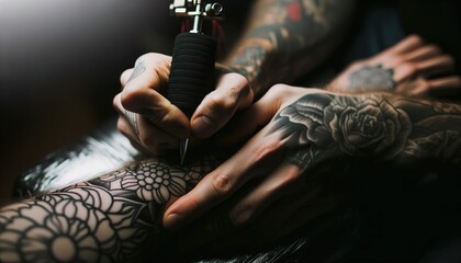 Image of a tattoo artist at work. - obrazy, fototapety, plakaty
