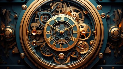 Fototapeta na wymiar A gold and blue clock with gears on it. AI image.