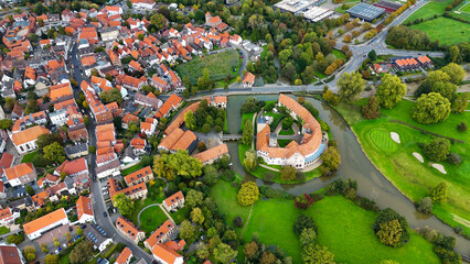 Aerial drone view water castle Wasserschloss Burgsteinfurt Steinfurt, North Rhine-Westphalia,...