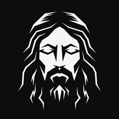 Jesus Christ face logo. Black and white icon. Vector illustration