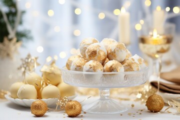 Fototapeta na wymiar White and gold colored luxury elegantly bonbons at Christmas with cozy blur light background