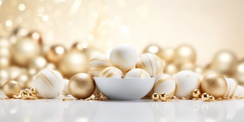 White and gold colored luxury elegantly bonbons at Christmas with cozy blur light background