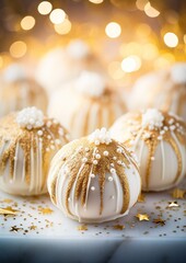 Fototapeta na wymiar White and gold colored luxury elegantly bonbons at Christmas with cozy blur light background
