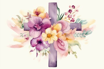 Floral adorned watercolor Easter cross. Generative AI