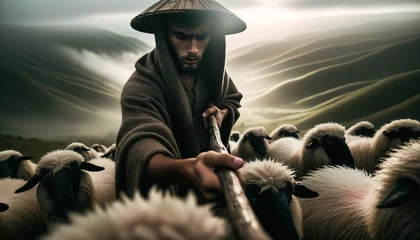 Rolgordijnen A shepherd herding sheep in the middle of the hills. © OKAN
