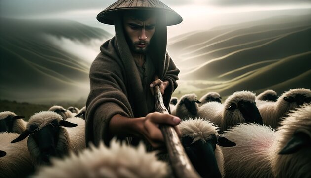 A shepherd herding sheep in the middle of the hills.