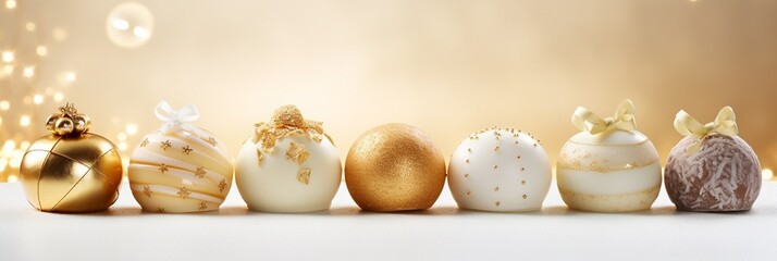 White and gold colored luxury elegantly bonbons at Christmas with cozy blur light background