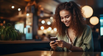 Smiling Female Freelancer Engaged with Smartphone in Cafe